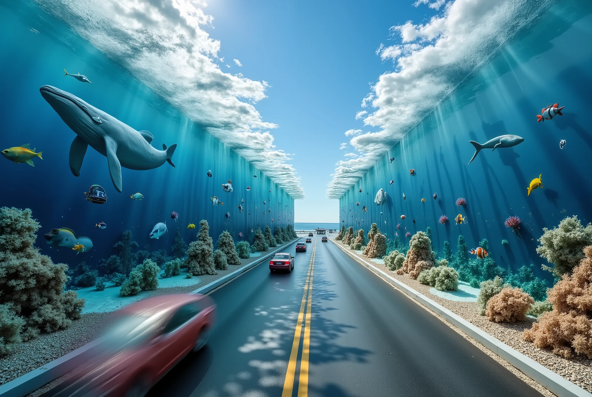 A stretch of high way with high walls near the road, they are ornately decorated with sea life. Whales, corals, brightly colored fishes, shutting out the urban world and making a surreal deep ocean scene as cars drive busily along