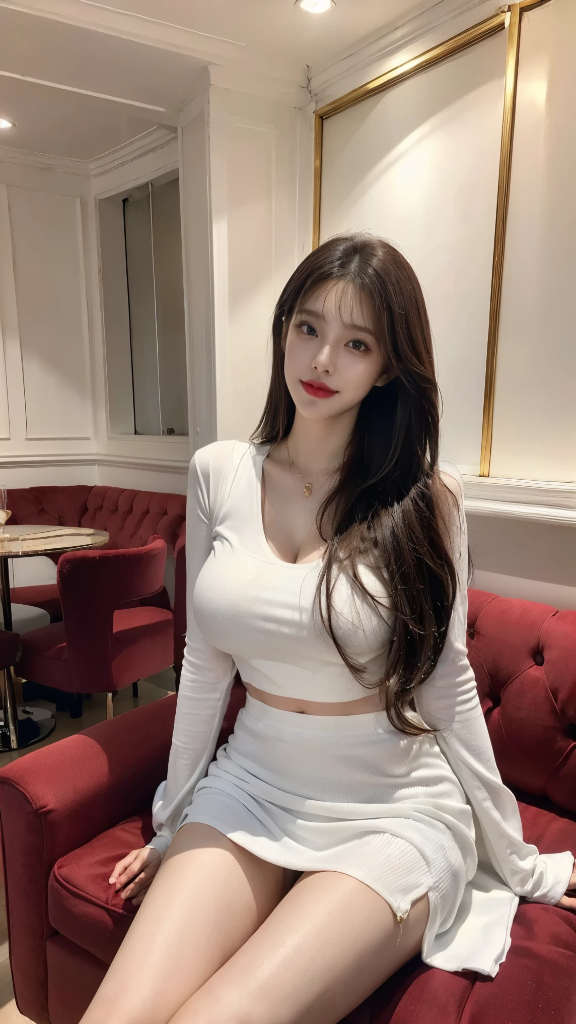 (1 Korean star with royal sister style), ((Best quality, 8K, 巨作: 1.3)), focal point: 1.2, Perfect body proportions: 1.4, (Make a smile),  （Ray traching）,Watery eyes, Highly Detailed Face and Skin Textur, Fine eyes, Double eyelids, Whitens the skin, (long whitr hair, Air bangs: 1.3), (face round: 1.5), (the maid outfit: 1.4), (duck sitting，sit on a bed: 1.6),(black lence stockings: 1.4),(film grain style:1.3)，a sense of atmosphere