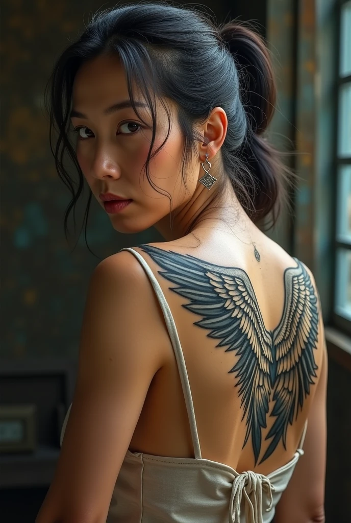 Tattoo on the back, ((realistic, masterpiece, high quality, 8K, high resolution:1.3)), 1 girl, solo, extremely detailed CG, (illustration:0.6),