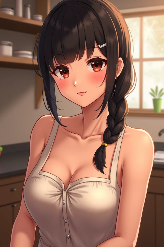 1girl, solo, hair ornament, (naked:1.3), (white apron), large breasts, cleavage, thighs, kitchen background, (blushing:1.3), naga, brown hair, ponytail, golden eyes, dark skin, gal, naga, lewd, she is wet and in sourcream, cream over the face,