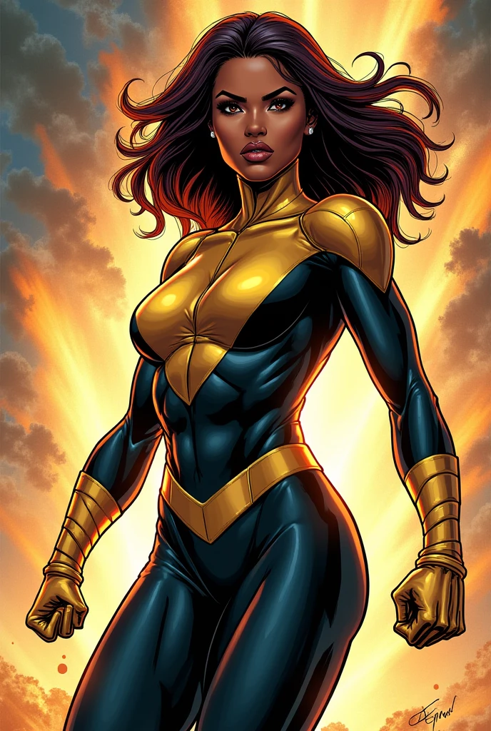 Portrait, Masterpiece, Excellent, 1girl, solo, complex details, color diffusion, close-up, dark-skinned female, tall female, brown skin, black skin, ebony, thighs, athletic, brown hair, golden eyes, sexy attire, casual attire, badass, Princess, royalty, Sci-Fi, Fantasy