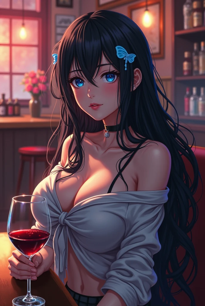 best quality, 4k, high resolution, masterpiece:1.2, extremely detailed), sad expression looking at the camera, Large , 30 years old girl, solo, black hair, long hair, blue eyes, (drunk, blush), sitting, drinking, ((Mature ody)), ck stockings, Black tight skirt, Mature sexy bodying mugounter, bar, (Stylish bar) indoors, ((Cocktail glass) full of cful liquor), (Dimly lit room), Wine bottle, Detailed background, Fluffy hair, ((((Night background))))), (((In the bar))), Wine, Whiskey, Highball, (Shiny glow, Effect:1.2)