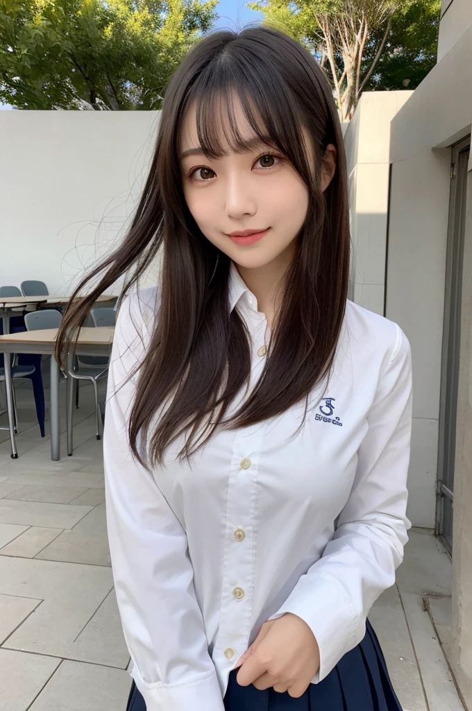 1girl em、Japoneses、 (sozinho)、(tiro de peito para cima)、Estudante de 18 anos、(Sitting in a school chair by the window)、She's looking at it、Sunset hits、( super bonita:1.5)、(Um rosto detalhado)、pele texturizada、Rosto adulto、pernas nuas、brown hair、(Uniforme escolar)、middle school、Sala Crass、Carteiras e Cadeiras Escolares、The windows are full of residential areas and sunsets.