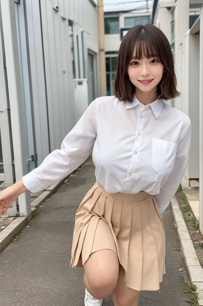 top-quality,ultra-detailliert,​masterpiece,realisitic,Photo Real,Bright lighting,1 girl in, an extremely beautiful 17-year-old girl, (kawaii:1.2),Thin smile, (Brown eyes),(brown haired),(bangss),perfect glossy skin,flawless skin,((erotick,Sexy and sexually explicit)),((accurate hands without incongruity)), large full breasts,big breasts thin waist, Look at viewers,,((Short sleeved white shirt)),(),(Blue Mini Pleated Skirt),(((skirt lift by yourself))),(lifted by self),(((Show lewd parts))),I don't wear panties.,Dirty Focus,((Sit up,spread legswide)), sockes, (Black knee socks),(Loafer shoes), during daytime,On the train,Horizontal long seat with your back to the window
