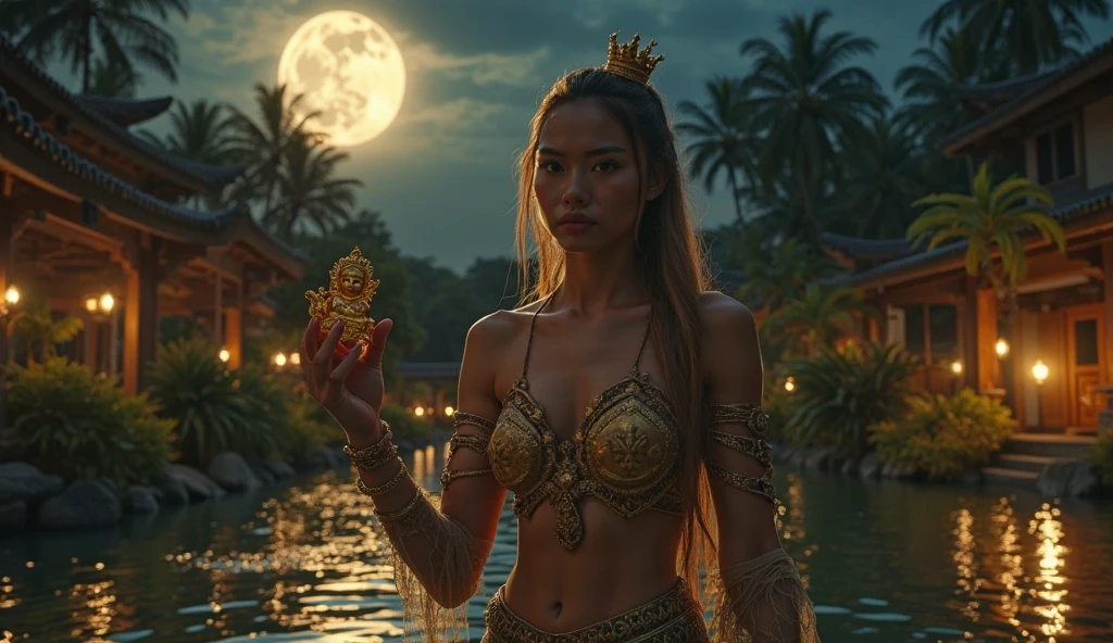 create a hyper realistic photo a beautiful indonesia woman as a hero in dynasty kingdom of majapahit, wearing small gold neklace like a queen, wearing red kemben ,long black hair with bun, doing floating meditation, energy bursts from around of her body, unreal engine 5, absurdres, volumetric mixed color line blue red white lighting around her body, eyes to camera, rainforest background