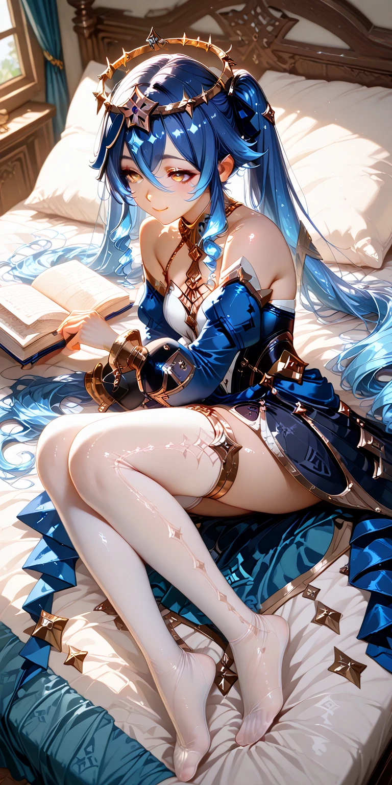 Masterpiece, 8k, art style by sciamano240, very detailed face, detailed clothes, detailed fabric, 1girl, ( Death sworn Katarina (league of legends 1.1)) beautiful face, asymmetrical long hair, light blue hair, casual clothes, thigh boots, plaid pencil skirt, black stockings, very detailed blue cat eyes, cute smirk, reading a book in bed, day, full body view , bedroom, seductive eyes,