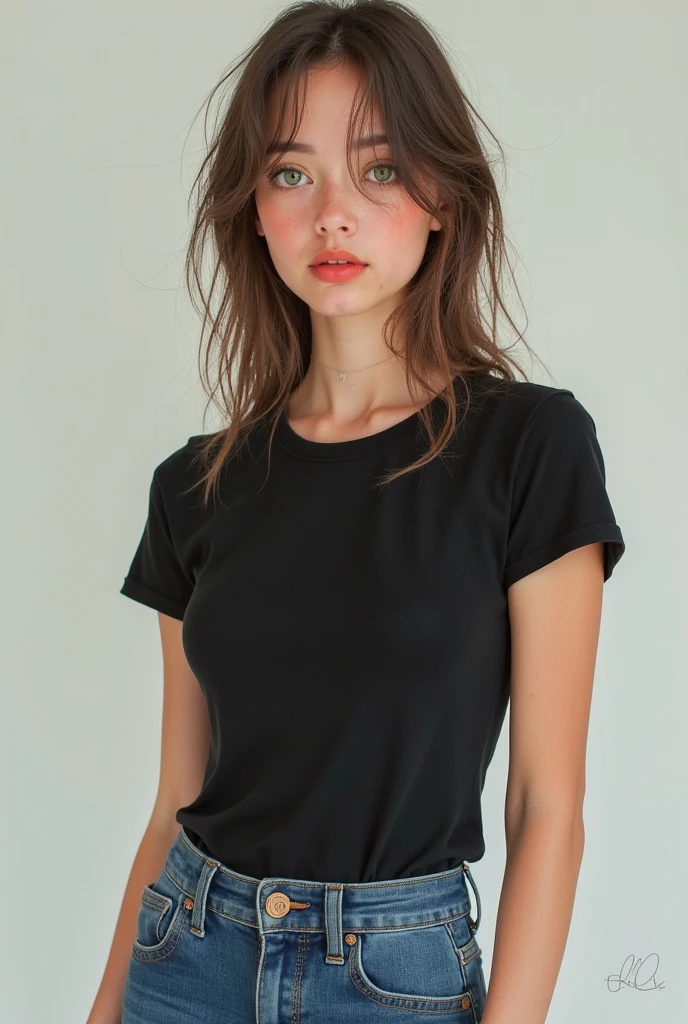 (best quality, realistic:1.37),ultra-detailed,portrait,black shirt,sleeveless,blonde hair,((dominance,domination)),merciless expression,blushed cheeks,standing posture,upper body, (20 years old).