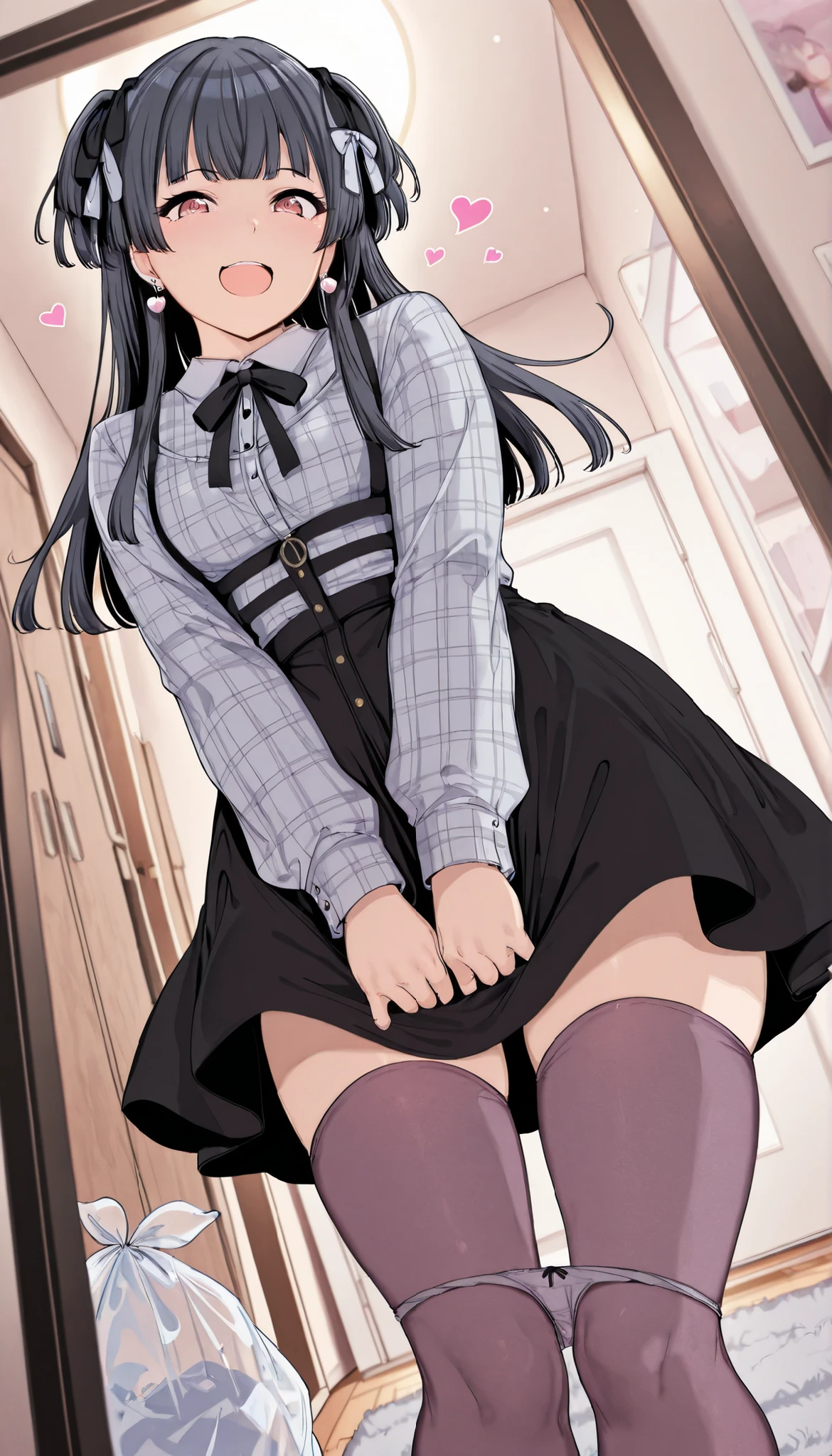 Best Quality, Masterpiece, 1 girl, (Alone:1.1), ray tracing, ultra detailed,detailed face, 8K Wallpaper, carved eyes, and butt, (BROWIN), by rubio, He is wearing a baggy black sweatshirt, and a short skirt, He also has stockings, eyes and mouth closed, blushing cheeks, She also has a dildo in her pumasturbandose