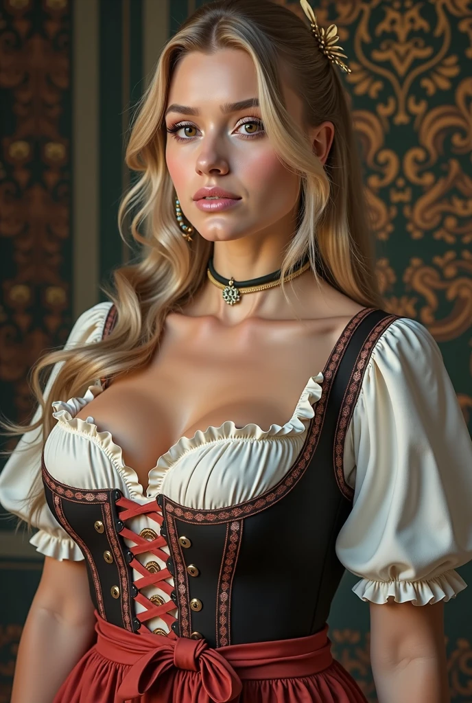 UHD, masterpiece, anatomically correct, super detailed, surrealism, blonde, beautiful female model, textured skin, ((complex and exotic dirndl)), stockings, garter belt, necklace, ring accessories, wavy hair, perfect face, beautiful face, Charm, big and gorgeous eyes, blue eyes, red lips, enchanting smile, glamorous body, plump body, big ass, Sensational poses, movie light effects, Rural town