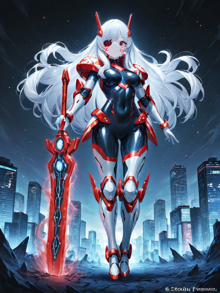 masterpiece、top-quality、high resolution、cyberpunk、Real with creativity、White and red metal body、Slender Woman、beast woman、Ultraman、Snow white body、(stance:1.1)、Biomechanicals、 Megacities of the future、dramatic lighting、
