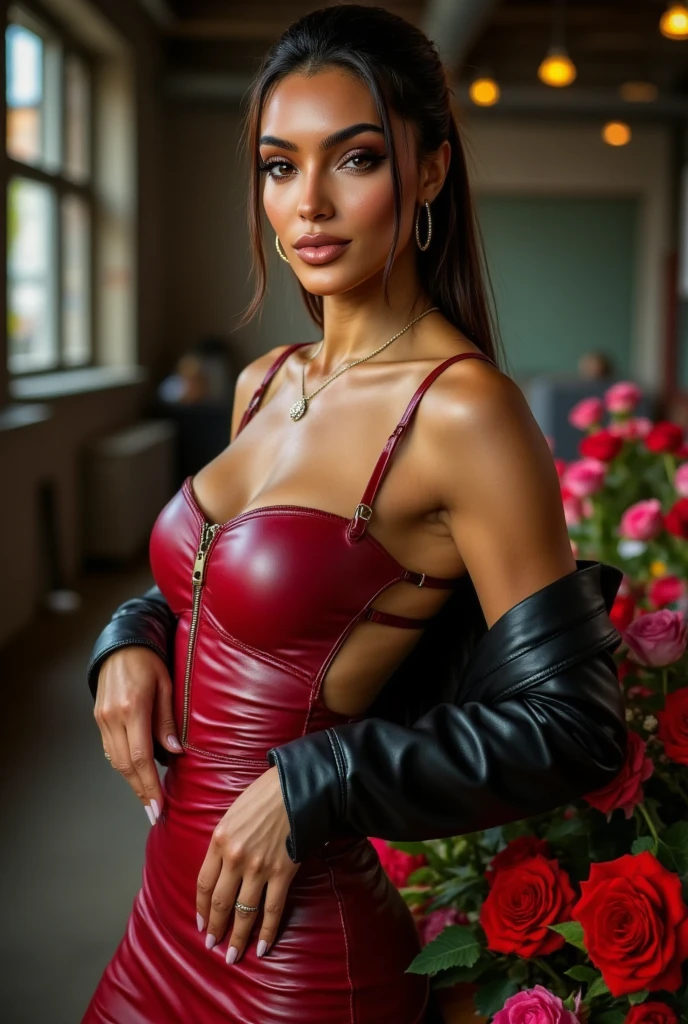 Macedonian woman standing, ((northern macecoid)), ((in the city of Skopje)), jolie corps, nice face, smirk, ((beautiful red dress with a sun)), (((place centrale dans un grand centre ville, a casino behind her))), ((place avec la statue d'Alexandre le Grand))