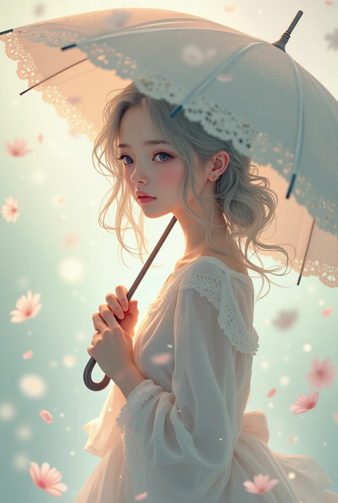 Pink long hair girl,The pupils of the eyes sparkle,Heterochromia,Holding a flower umbrella,sandbeach,Blue sky,baiyun,ultra HD wallpaper,3Drenderingof