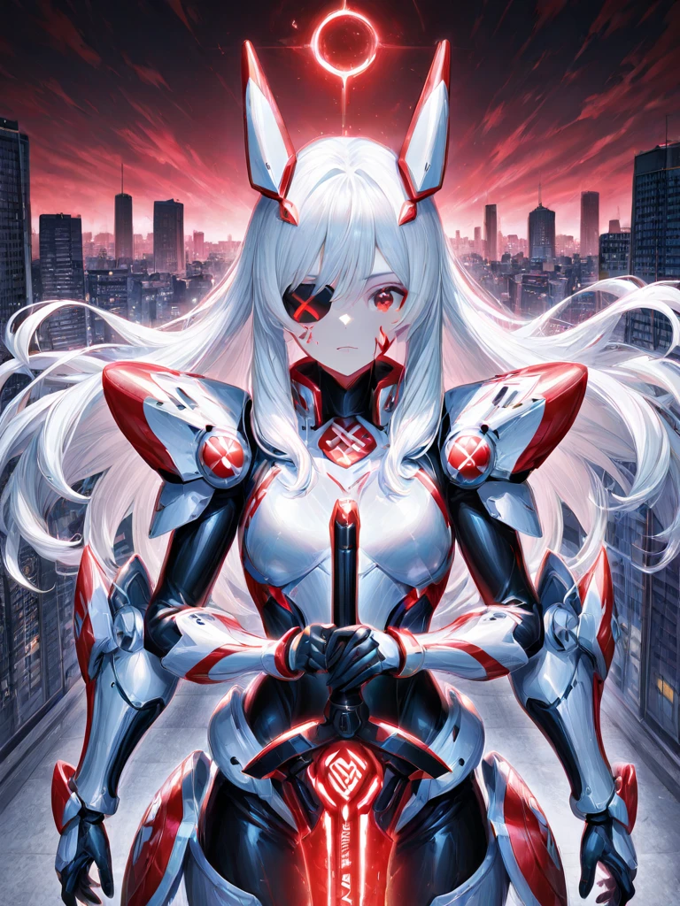 (Fox Girl, Fox Ears, Silver Hair, Fox Makeup, One Girl, Long Hair, Alone on the screen, dark skin, High definition, high resolution:1.6), (mecha musume, Machinery Parts,Robot Joints, White and red clothes, face以outside全身機械スーツ:1.8), (Body measurements are 75-60-75!, Young girl body, Small breasts, Proudly, Standing posture, slender, muscle:1.9), Avatar, face, 色っぽいface, Dominant representation, naughty face, Uplifting, Skin Texture, outside, ruins, Ruined City, Broken Building, There are no people