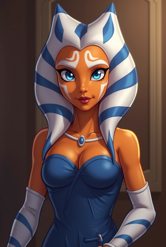 (masterpiece), (best quality), 1girl, solo, ahsoka tano, young, black dress, (white eyebrows), blue eyes, (orange skin:1.2), ((small bust)), <lora:Ahsoka_tano:0.7>, photorealistic, realistic, indoors,