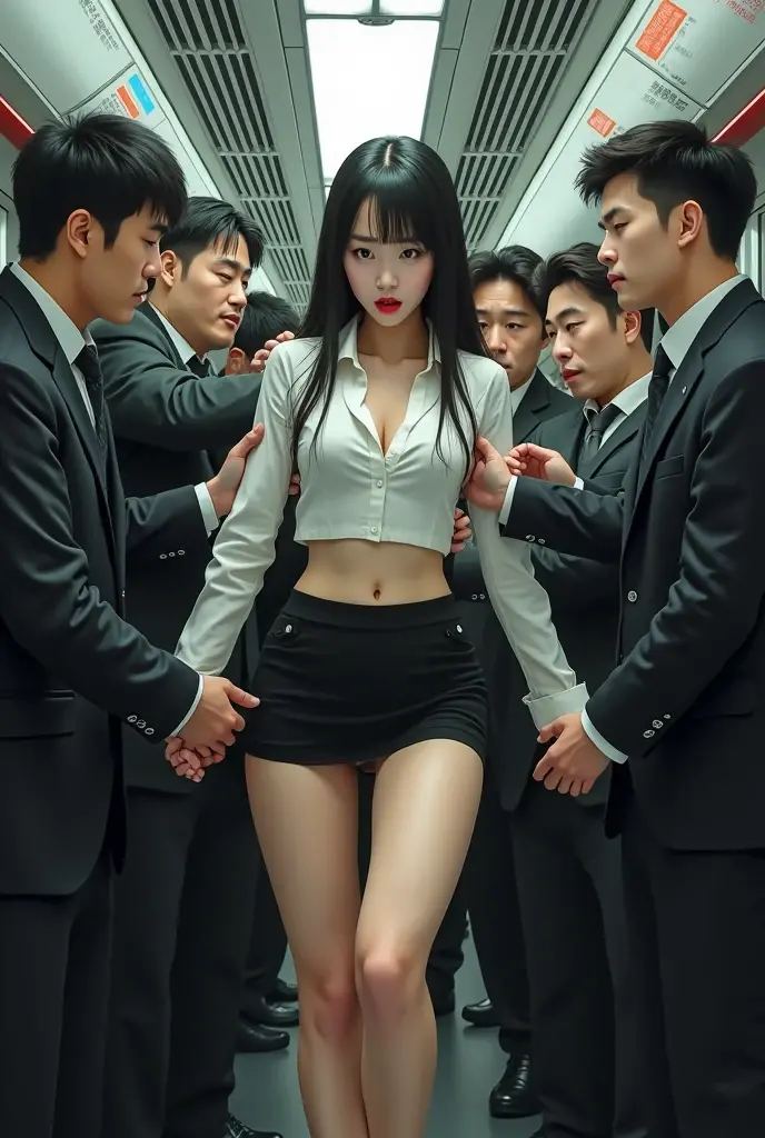 (in 8K、Raw photography、Highest Quality、realisitic、Photorealsitic、Professional Lighting、​masterpiece、extremely delicate and beautiful、Highly detailed、finely detail、ultra-detailliert、hight resolution、full-shot)、SFW、Detailed scenario on a very crowded cabin、(((On the plane)))、1girl in、1 Cabin crew、Beautiful female flight attendant(woman 1)ha、Wearing a black jacket and black skirt、Beautiful face:1.5、Model body type、small tits、All passengers except one female are male.....:ung man in suit、(woman 1)Touching the body of、Young men(woman 1)hug from behind、Young men(woman 1)Touching the chest of、Young men(woman 1)Flip up the skirt of、Black panties are visible、