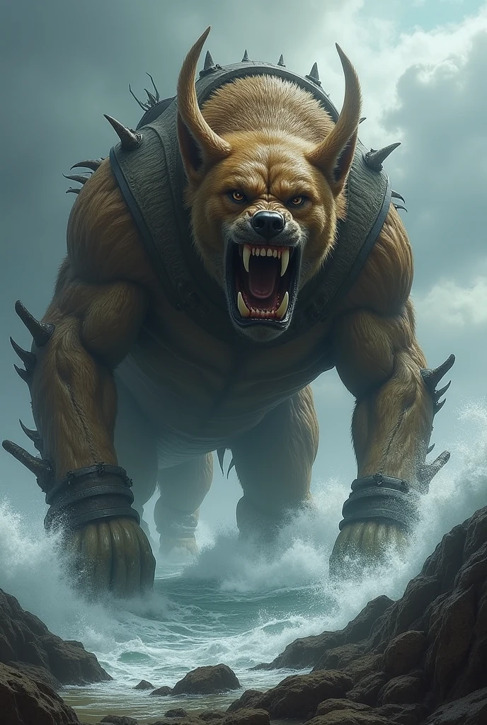 Cachorro pit bull de Asgard: a muscular and imposing figure of a pit bull hailing from the mystical realm of Asgard. His deep-set, intense eyes gleam with a fierce and unyielding spirit, framed by thick, furrowed brows. His jaw is strong and defined, with powerful jaws and sharp teeth bared in a fierce snarl. His fur is a rich, lustrous coat of short, sleek black and tawny gold, standing out against the backdrop of Asgard's otherworldly landscapes. His muscular build is accentuated by his lean and toned frame, rippling with power as he stands with an air of