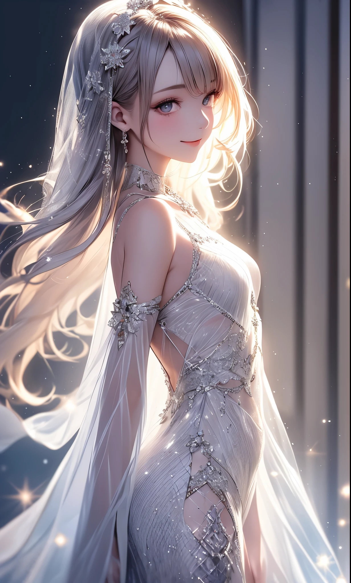 (masterpiece),(4K),High Quality,(small breasts),sexy girl、Sexy Saint , Long Silver Hair ,pale skin,smile, beautifully detailed grey eyes, ( high-definition and elegant ),( white cape let fashion), Magical Color and Atmosphere, detailed skin from sleeve to chest,(Cute sparkle), light particles, The background is softly blurry ,Add a dramatic and iconic element to your scene, description boundary ahead of the large end, Bokeh, Silky to the touch , see-through silk, soft, lightweight garment、beautiful and neat face、see-through 、 hyper details,creates a dreamy and elegant atmosphere
