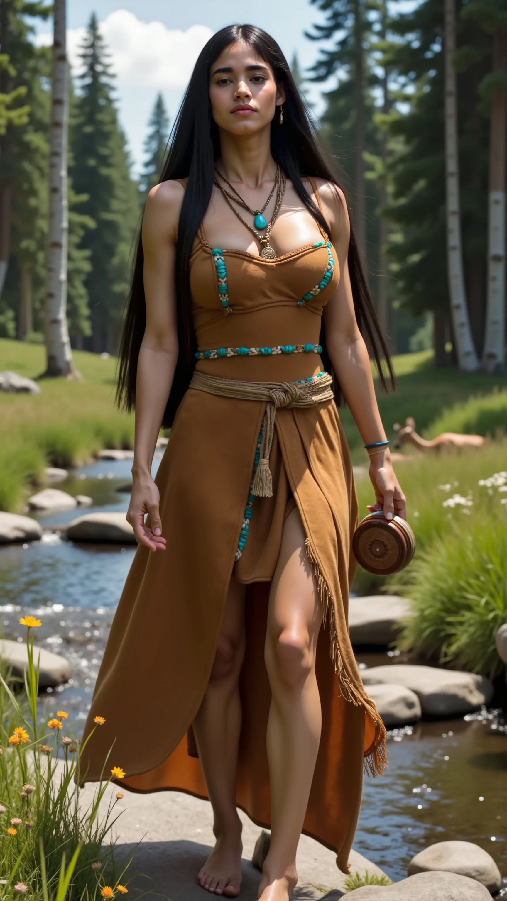 photo of Pocahontas, a beautiful woman, (skinny:1.2), fit, perfect skin, detailed hair, detailed face, beautiful eyes,
((tribal, dress)),
(blurred northern forest background, scenic), (standing sexy pose), (view of front),
erotic, elegant, sensual, seductive, (masterpiece, best quality), (photorealistic:1.4), full body, perfect illumination, (best shadow),
pocahontaswaifu, <lora:Pocahontas_character:0.7>