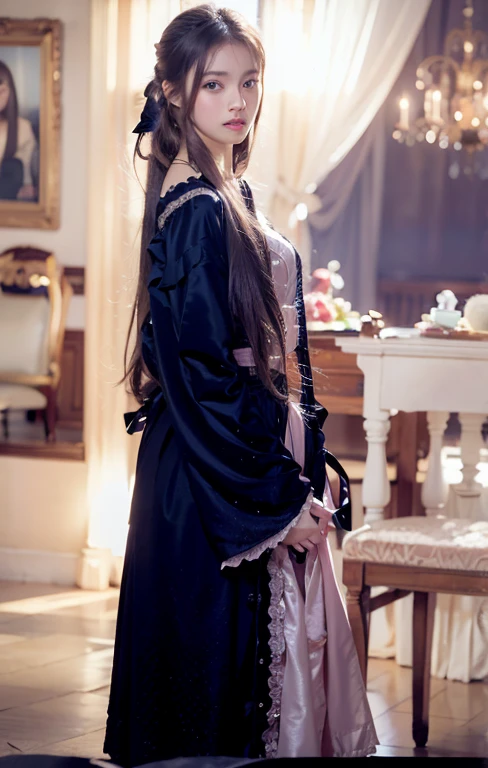 there is a young girl in a dress and a flower in her hair, victorian style costume, victorian blue dress, inspired by Alice Prin, lovely languid princess, portrait of princess, princess portrait, portrait of a princess, inspired by Sophie Gengembre Anderson, young victorian sad fancy lady, victorian dress, young girl in steampunk clothes, gothic princess portrait