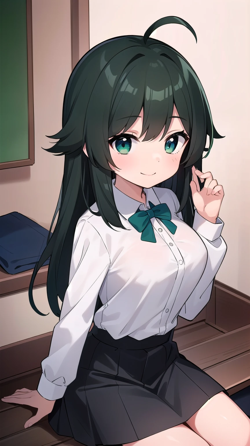 Junior high school student who looks like an elementary school student, , very short, 140 cm tall, black hair with a slight green tinge, short ahoge, beautiful long hair but with a little hair sticking out, beautiful round eyes, blue eyes, smile, boyish, long sleeves, Thick clothes, skirt, big breasts, hair longer than waist, long hair, childish face, gentle smile, a little shy, black skirt, black hair with a slight green tinge, boyish, gentle smile, jacket one size larger, ( Deep greenish black hair: 1.3)