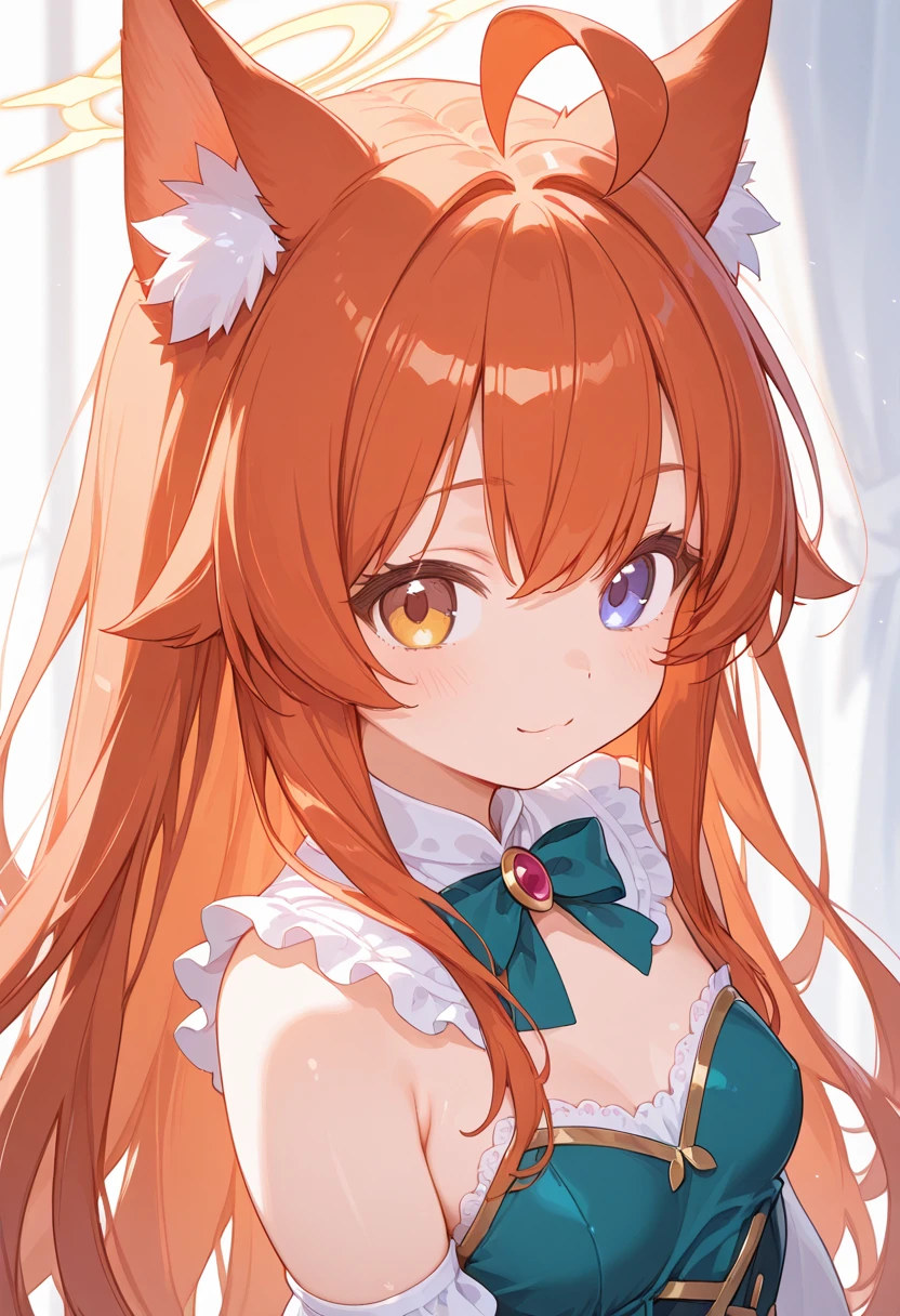 1 girl, length hair, Red hair, breasts, pointy ears, wolf ears, smile, violet eyes, hair flower, Sparkle effect, アニメ, 