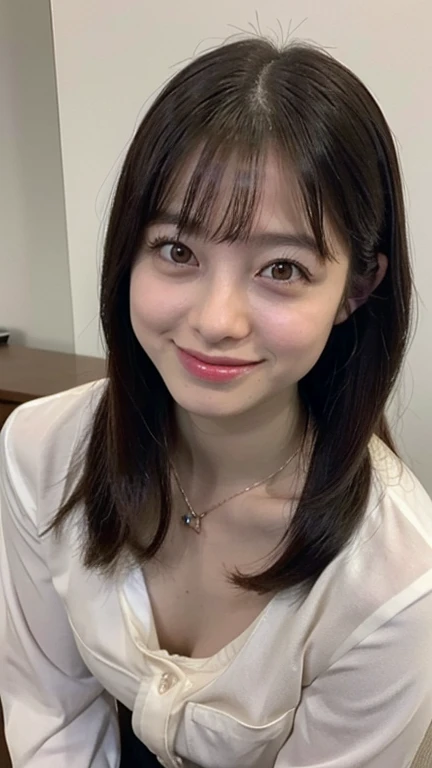raw photo, 1girl, cute face, beautiful face, medium breast, White blouse, light smile, Upper body, detailed skin, pore, simple background, frontal face, wallpaper, photorealistic, anatomically correct, masterpiece, best quality, UHD