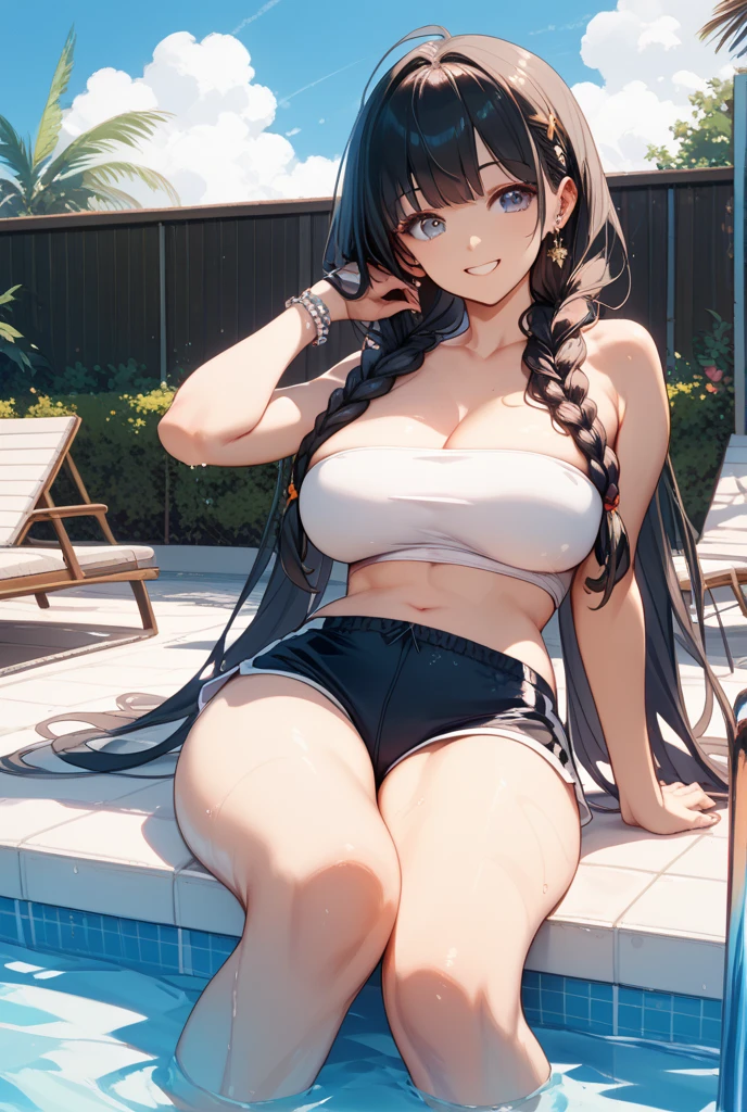 Kaori, Single model, solo, half Asian, half Latino, very long straight black hair, freckles, blushing, wet eyes, long chain pendant, very large heavy breasts, chubby, belly, stretchmarks, undersized white lace bra, bending over