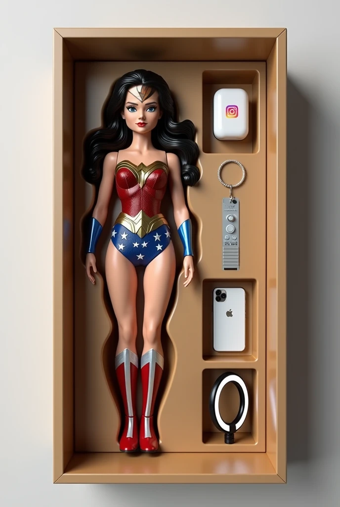 no humans, inboxDollPlaySetQuiron style, , Wonder Woman (Gal Gadot): Inspired by Gal Gadot's portrayal of Wonder Woman in the DC Extended Universe, this cosplay captures the modern and empowering version of the superhero., gift box, playset, in a box, full body, toy playset pack, in a gift box, premium playset toy box, <lora:quiron_inboxDollPlaySet_v2_lora:1>