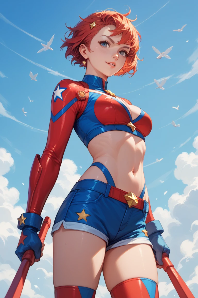 ((best quality)) ((Ultra Detalhado)) ((foto do corpo inteiro)) ((com da roupa da supergirl)) ((rosto detalhado)) ((blue swimsuit)) ((big tits)) ((cabelo longo laranja)) ((cabelo longo sedoso)) ((nami one piece)) ((corpo atletico)) ((olhos atraentes)) ((sharp eyes)) ((corpo magro)) ((High-resolution shadows)) ((cores atrativas)) ((pulseiras de ouro)) , Apertado ,capa vermelha, symbol of superman, sombras claras, Pose sexy, in space with the planets behind.