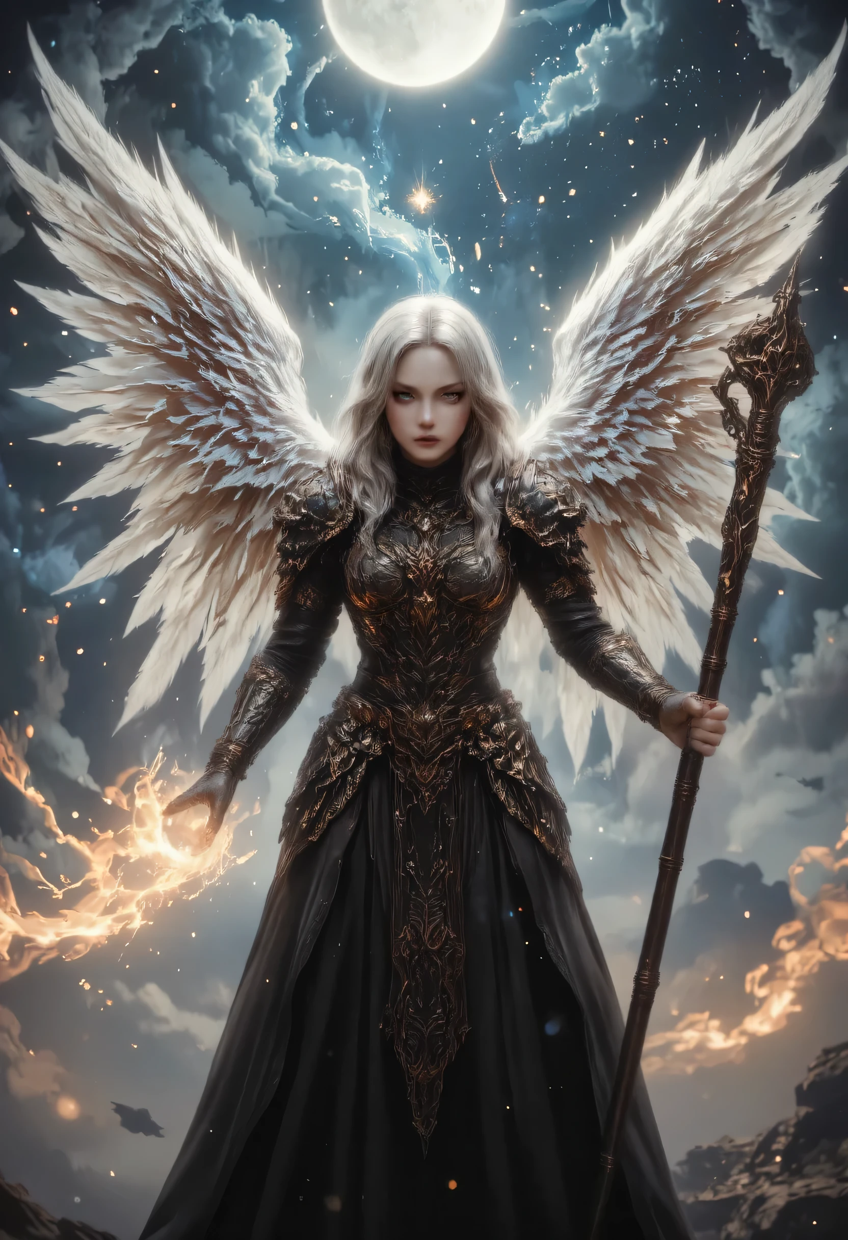 female, sorceress, casting divine spell, full body, aasimar, female, white large feathered wings, silver hair, blue eyes, determined face, ultra detailed face, best detailed face, divine light, intense eyes, ultra feminine, ultra detailed face, (Masterpieceת intense details:1.5), wearing white armor, high heeled boots, armed with staff, moon, stars, clouds, fantasy magical heaven background, cinematic lighting, soft light, silhouette, photorealism, 16k, highres, best quality, 2.5D rendering, fantasy, Celestial Fantasy
