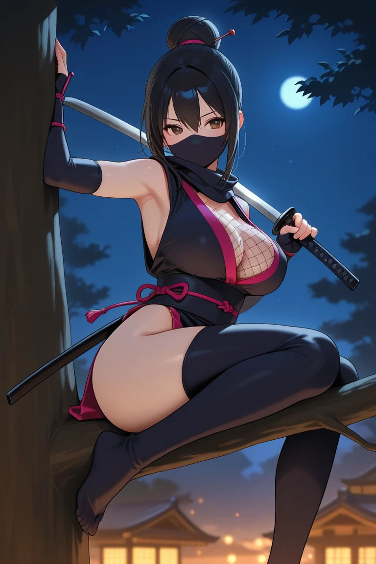 ((glow-effect:1.8)), ((Enchanting Ninja Woman:1.6))、(Long black hair、Purple eyes)、((tight black and red ninja costume、Ninja Tool Pouch、Hourglass Shape))、Confident expression、((Hair tying gestures:1.3、arch your back and look back))、Moonlit night view of Konohagakure Village、Realistic anime style, (Luminous tattoo:1.8),