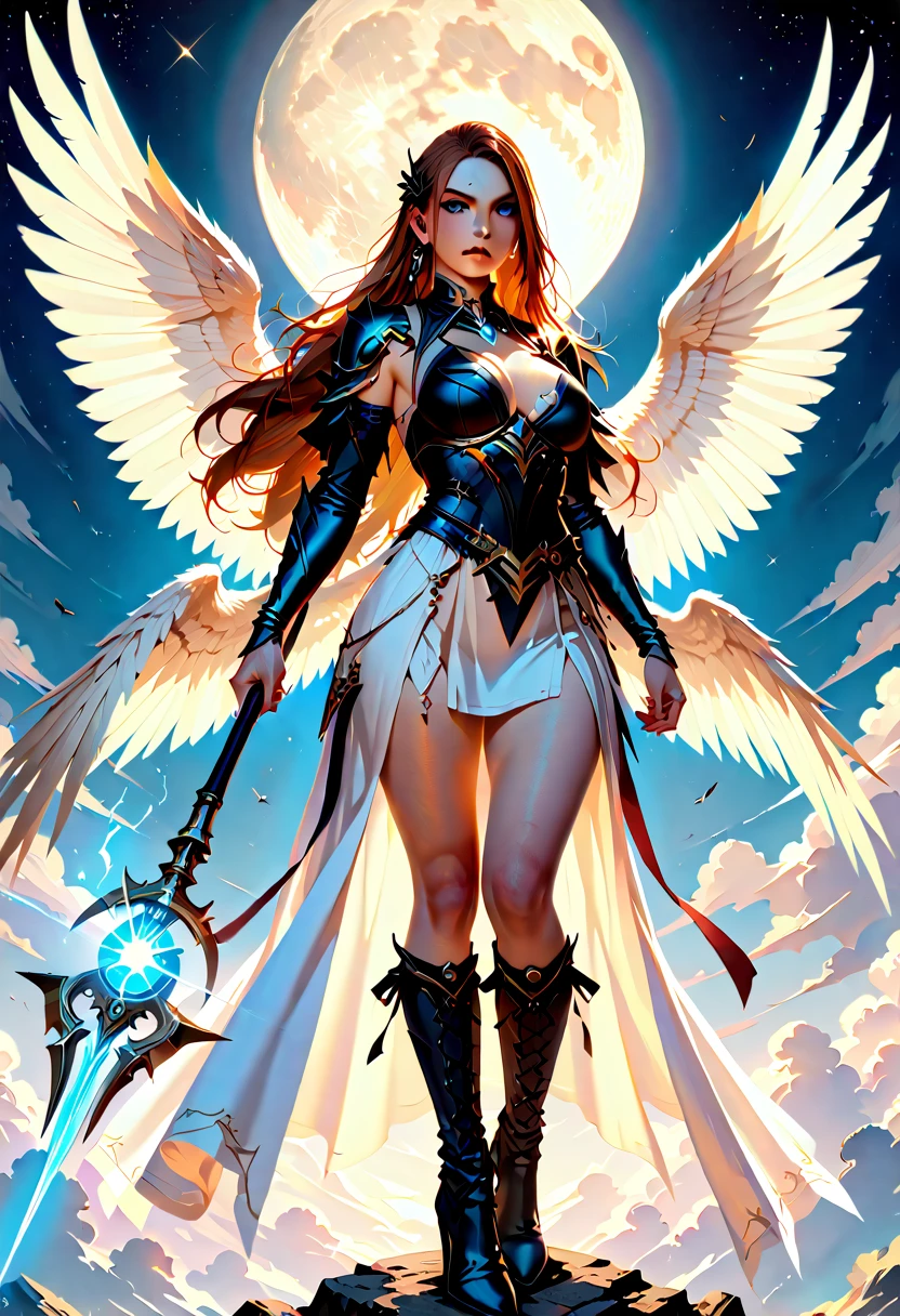 Create an image of an archangel with four large wings who is leading an army of angels fighting a demon from the forces of evil in an epic battle. He has a flaming sword in one hand and a shield in the other, and his face is determined and courageous.UHD, high details, super detail, best quality, 8k