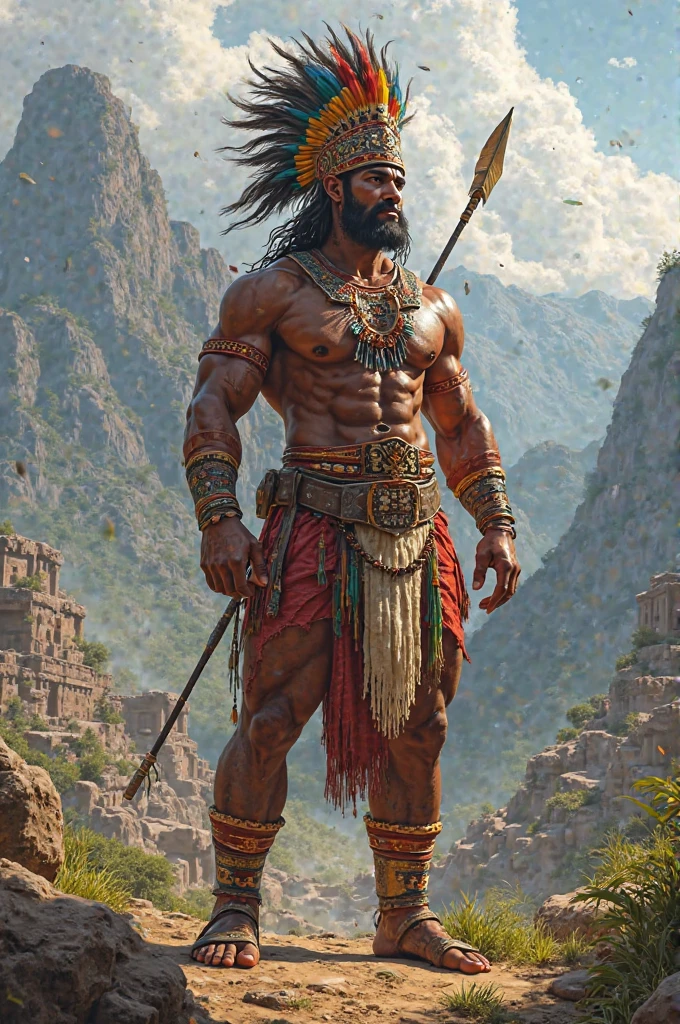 Aztec warrior on a rock with a spear in his hand, epic perspective, Seen from the front, exotic clothing