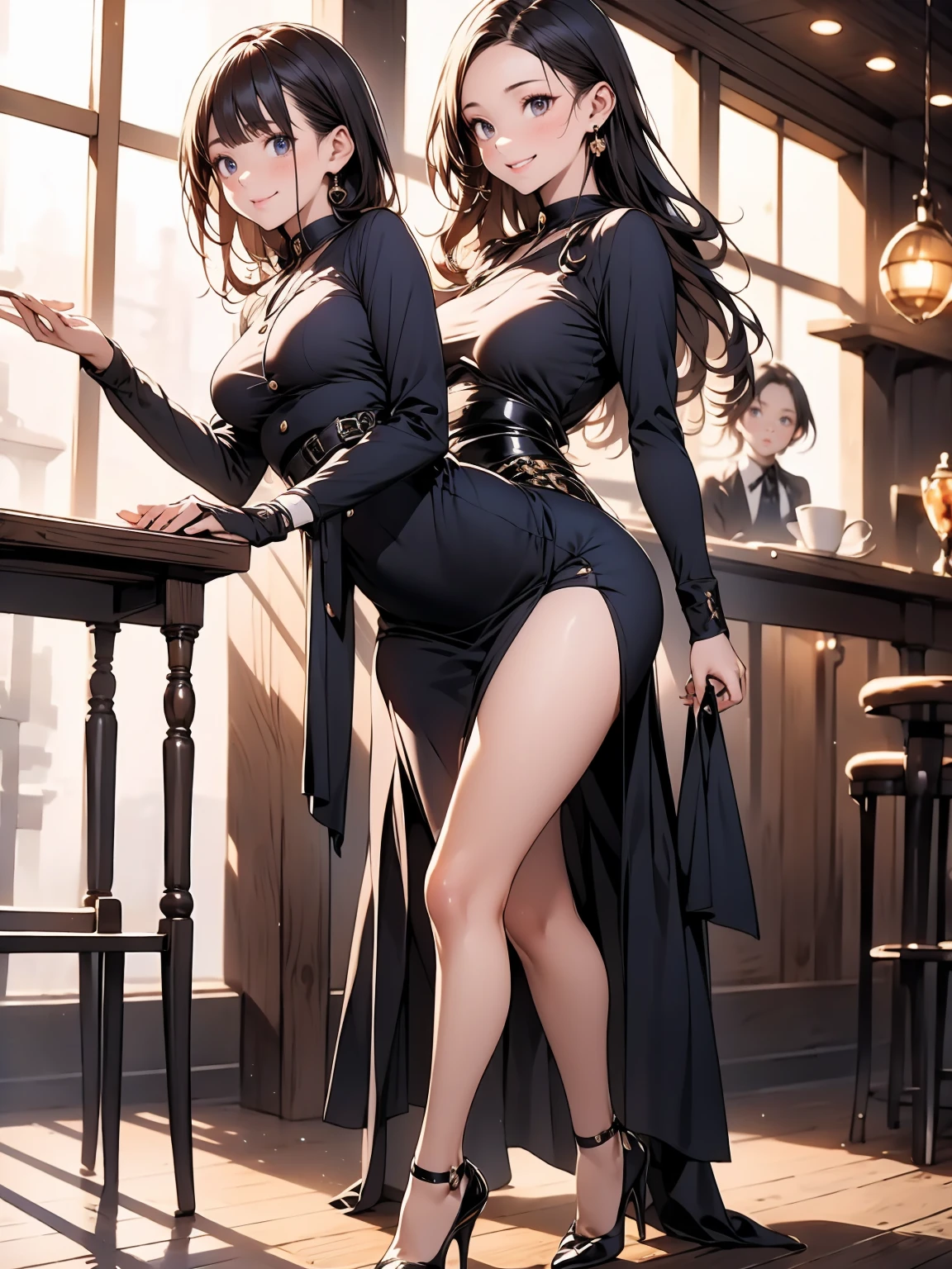 (masterpiece:1.3),(best quality, highest quality),((Full Body Shot,Including face)),1girl,Standing position,4K,masterpiece,((Focus on the face)),((Symmetrical facial features)),Beautiful woman,(slender,Beautiful feet),((High heels、Sandals)),Detailed depiction of the face,bar counter,Cafe,Realistic,,Eyes warp,Red and gold long dress,Chinese clothing,night,Spotlight,Short slit,