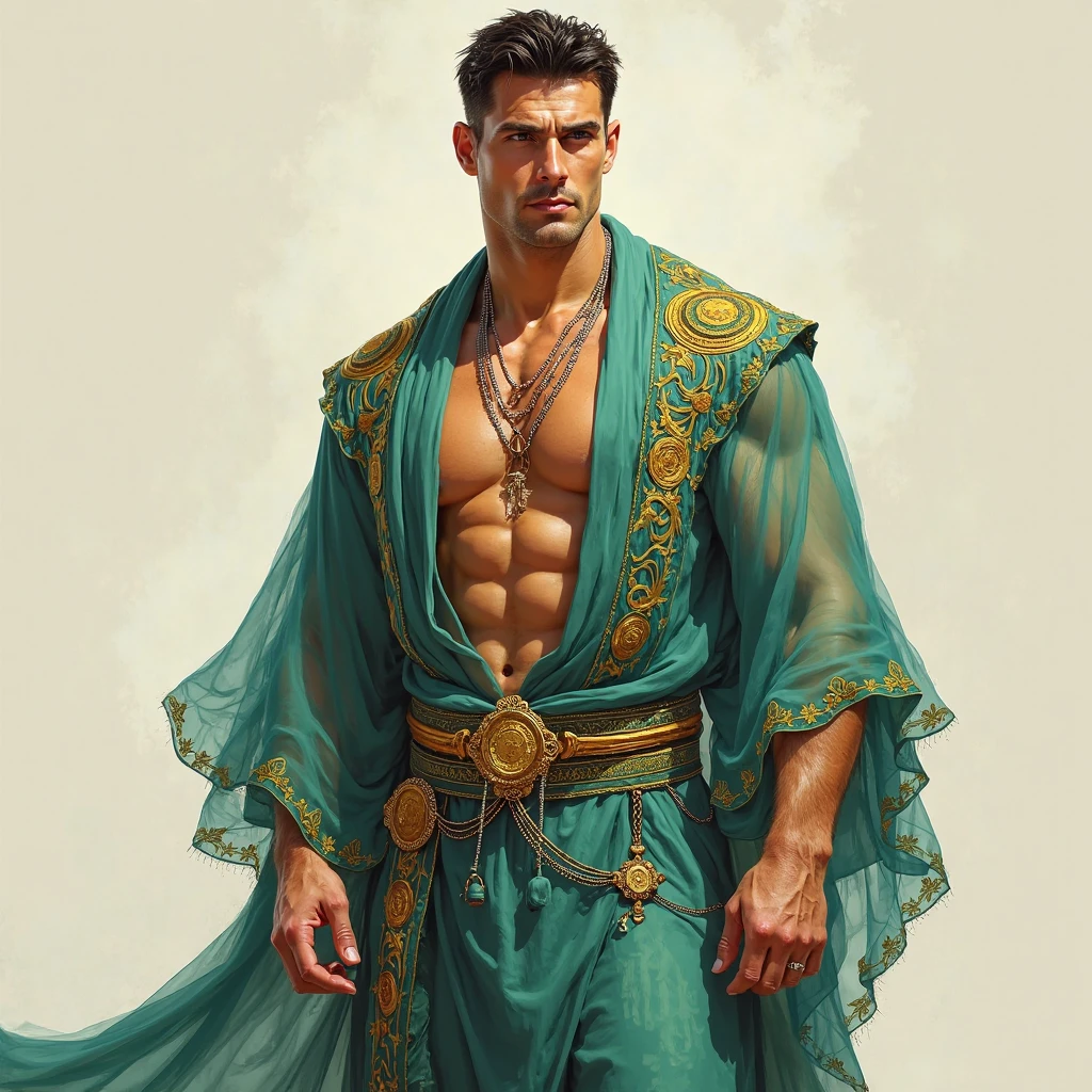 Handsome male middle-aged warlock,one male,Arabic,hairy,Brunette and crew cut with turbans,dark-brown skin,Half-dressed,Green briefs,poverty,outside,Arab cities, author:Greg Rutokovsky ,Digital painting, art stations, concept-art, smooth, Sharp, Focus, illustration. trending on artstationh,Masterpiece