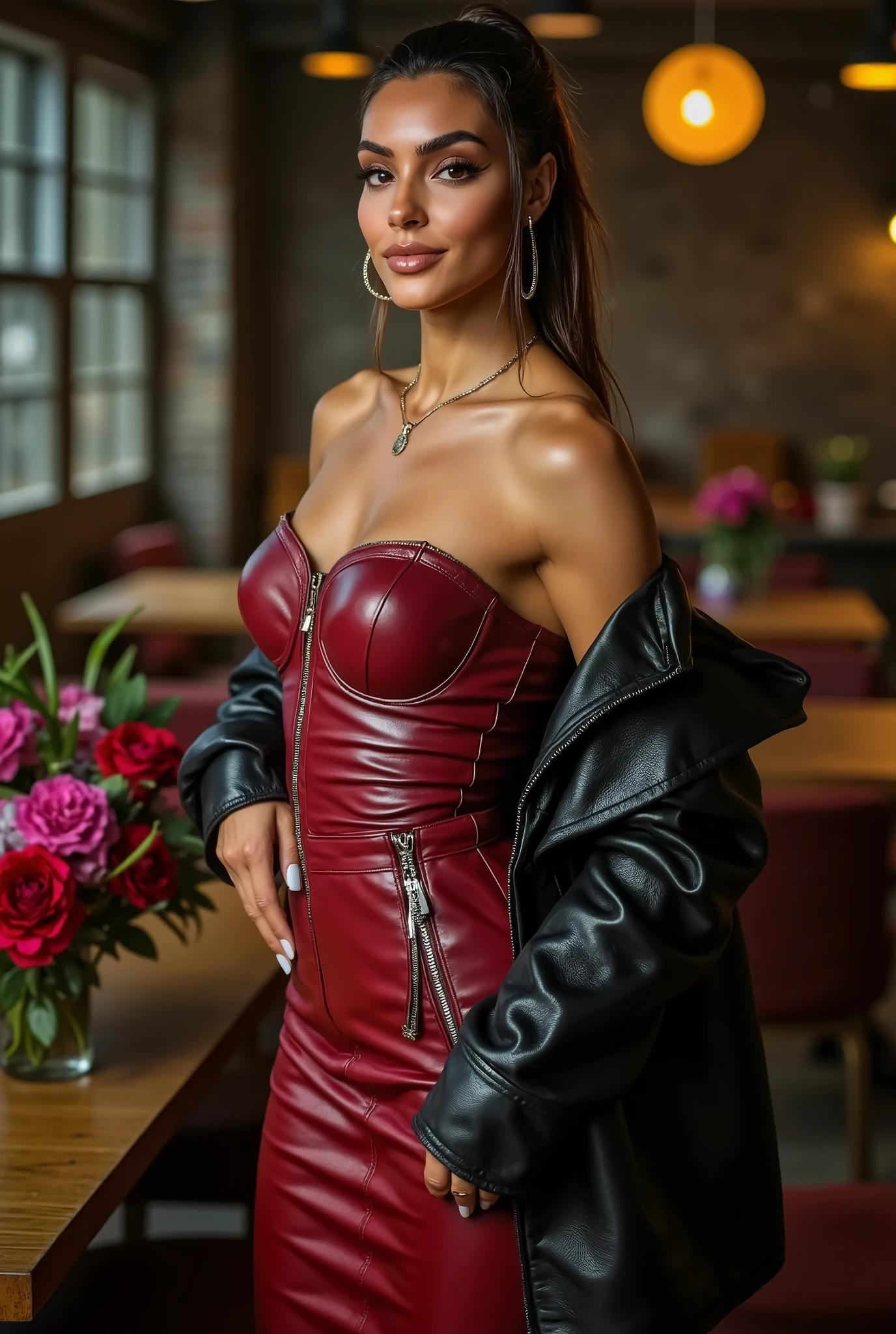 Foto hiperrealista en primer plano de arafed woman, crimson red luxury long latex gown and crop black leather bolero, flirting with the viewer, perfect body, low hanging necklace,in a old abandoned factory, amber twinkle lights in background, surrounded by flowers