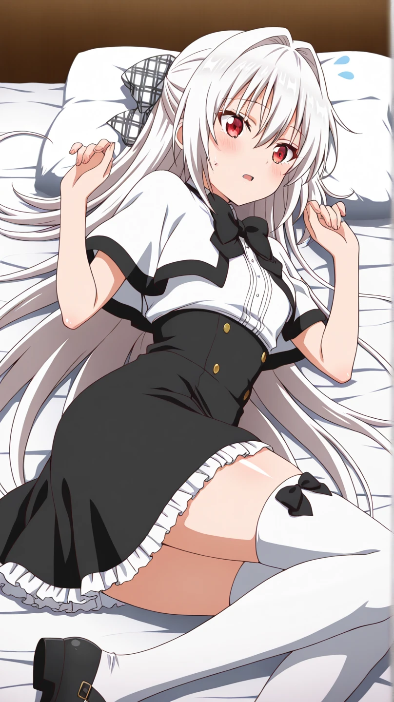 source_anime, whitequeen, white queen, long hair, bangs, twintails, white hair, smile, heterochromia, red eyes, blue eyes, medium breasts, one leg raised up, one leg crossed over the other leg, sitting, nude, naked, in the room, on the bed, blush,solo, dutch angle, looking at viewer, cowboy shot,