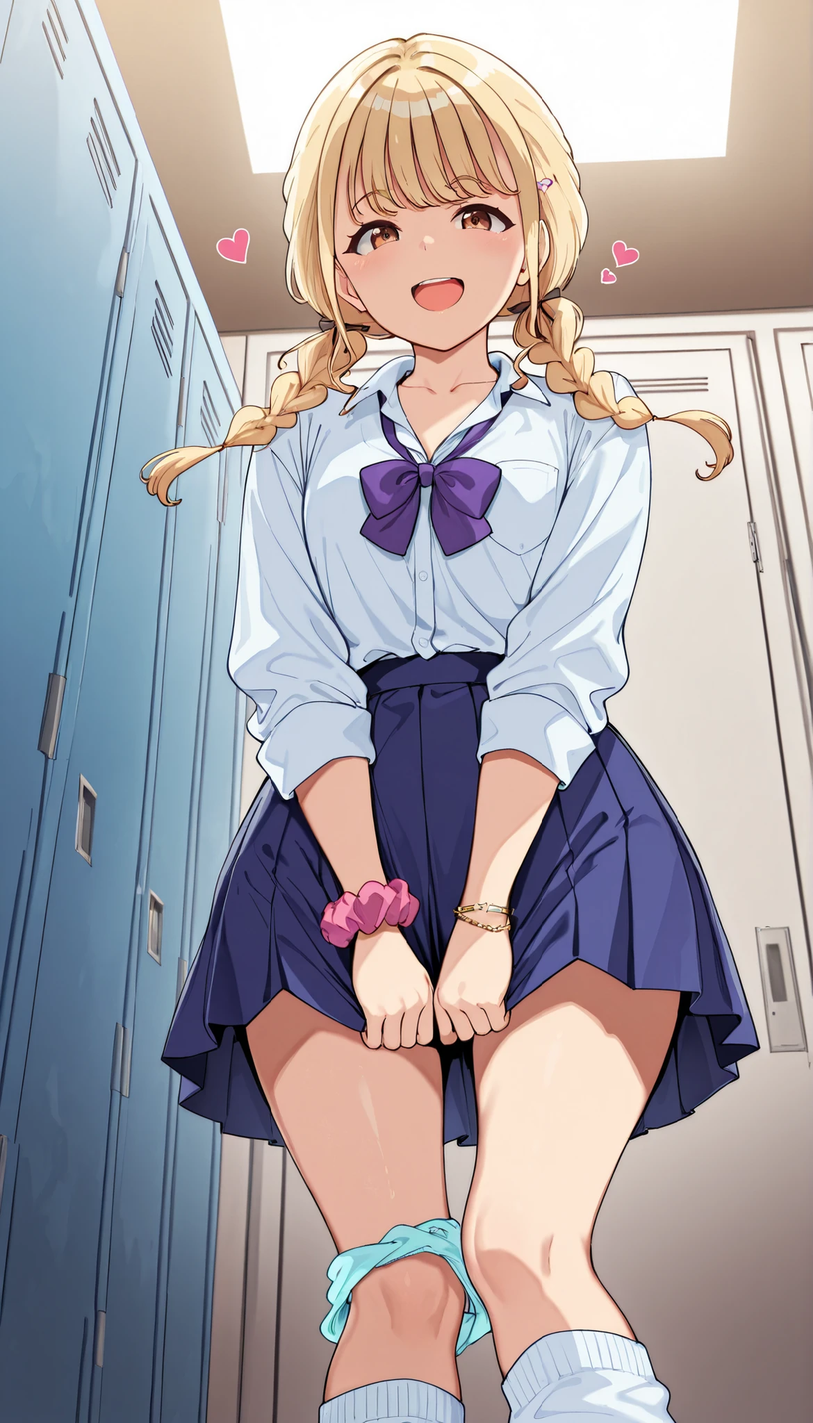 Alp,skirt tug, panties around legs,panties around both thighs
,looking at viewer, from below, very low-angle shot, (from below:1.8},
,BREAK,
kotone_fujita, 1girl, braid, blonde hair, twintails, long hair, twin braids, bangs, brown eyes,gyaru, collarbone, bow, loose bowtie, white shirt, collared shirt, long sleeves, bracelet, wrist scrunchie, blue skirt, pleated skirt,
white socks, white loose socks,
smile, open mouth,looking at viewer, upper teeth only,
,\(troubled eyebrows:1.8\), smile, ,scorn,open mouth, (cheerful),looking at viewer,
pleasure, embarrassed,
, heart symbol,looking at viewer,
masterpiece,absurderes, beautiful detailed face,
BREAK, masterpiece,absurderes, beautiful detailed face,(masutepiece:1.2), Best Quality, High resolution, Unity 8k wallpaper, (Illustration:0.8), (Beautiful detailed eyes:1.6), extra detailed face, Perfect Lighting, extremely details CG, (Perfect hands, Perfect Anatomy)
indoor, locker room