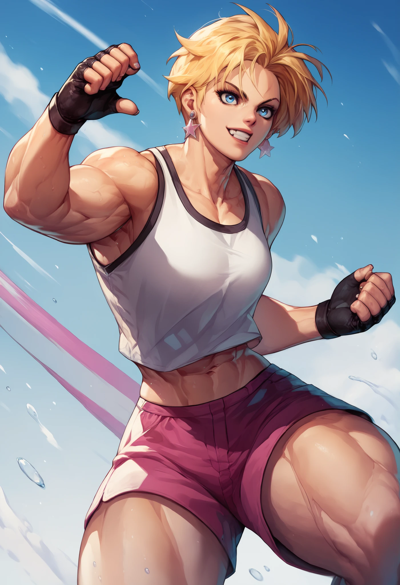 king aof, blue eyes, short hair, blonde hair, earrings, muscular female, muay thai cloothes, short, fighting instance