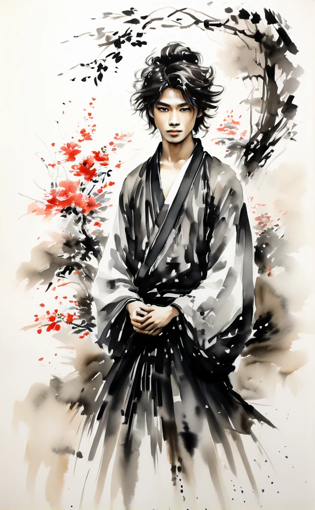 (best quality, highres, ultra-detailed:1.2), realistic, Ink Wash painting, vibrant colors, moody lighting, 1 boy, beautiful detailed eyes, expressive face, tousled hair, vibrant and flowing traditional clothing, standing in a serene natural surrounding, surrounded by lush green trees and blooming flowers, with a gentle breeze caressing his face, holding a small and intricate painted calligraphy scroll, which symbolizes wisdom and knowledge, a serene and introspective expression on his face, as if lost in deep thought, capturing a moment of tranquility and contemplation.