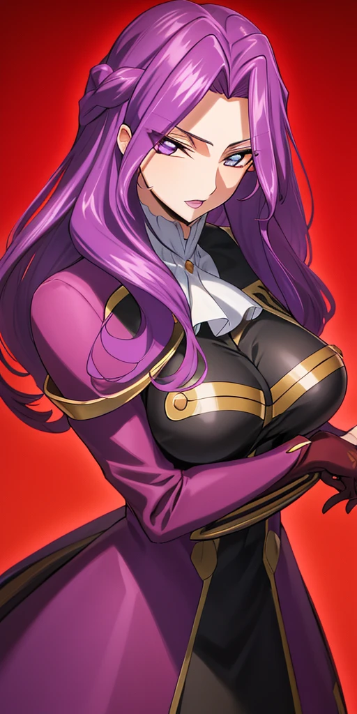 High detailed, 1 girl, solo, baby-blue colored gigantic large hair, hair over one eye,purple eyes, busty, firm chunky body, burgundy shirt, , deep cleavage, Juliet sleeves, pencil skirt, black thighhighs, red gloves, holding her own hands, Sad eyes