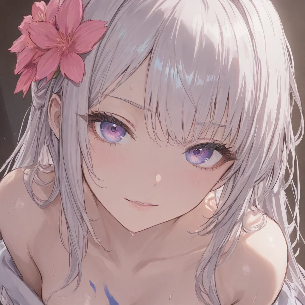 1girl, white hair, purple eyes, portrait, realistic, towel, (onsen), sidelighting, wallpaper, nsfw,