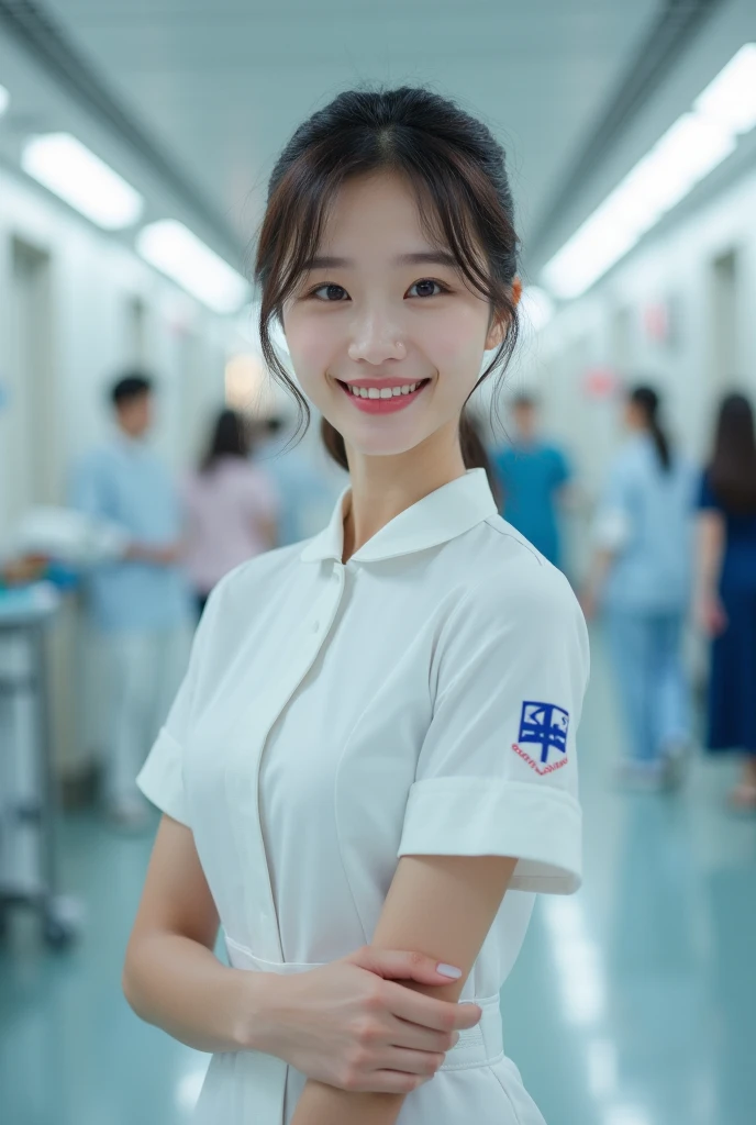 (8k uhd, masterpiece, best quality, high quality, absurdres, ultra-detailed:1.1) RAW photo, 1girl, 20 years old, medium breasts, indoors, nurse uniform, hospital bed, <lora:add_detail:0.4>, film grain, <lora:FilmVelvia3:0.6>, soft smile, pores, wrinkled skin, moles, <lora:skin_texture_v2:0.6>