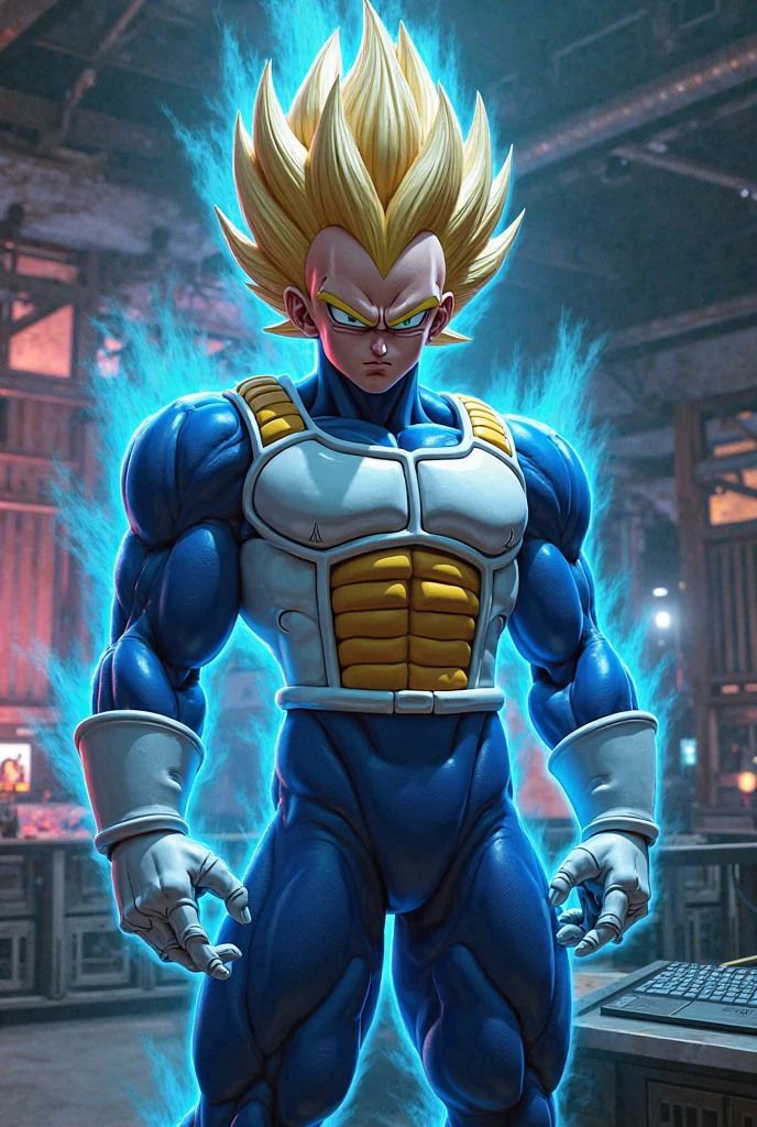 vegeta shooting an enery blast at a daycare center, daycare center building exploding with children crying in the background, (masterpiece, best quality:1.2) perfecteyes eyes, green eyes, solo, male focus, 1boy, laughing, blonde spiked hair, armor, white gloves, blue spandex pants, <lora:dbz_vegeta:1>, <lora:lora_perfecteyes_v1_from_v1_160:0.7>