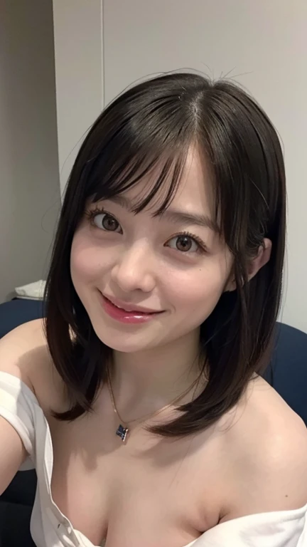 (masterpiece:1.3), (8K, Photorealistic, RAW Photos, Best image quality: 1.4), Japanese Girls、 years old、(Random hairstyle:1.2)、(Cleavage:1.2)、Super detailed face、Eye on the details、double eyelid、Chest to chest、Sharp focus:1.2、(Cute Woman:1.4)、Light brown hair、bangs、Highest quality、Ultra-high resolution、(Photorealistic:1.4)、Highly detailed and professionally lit smiles、Loose, lightweight knitwear、thin、smile、Long Hair、Upper body portrait