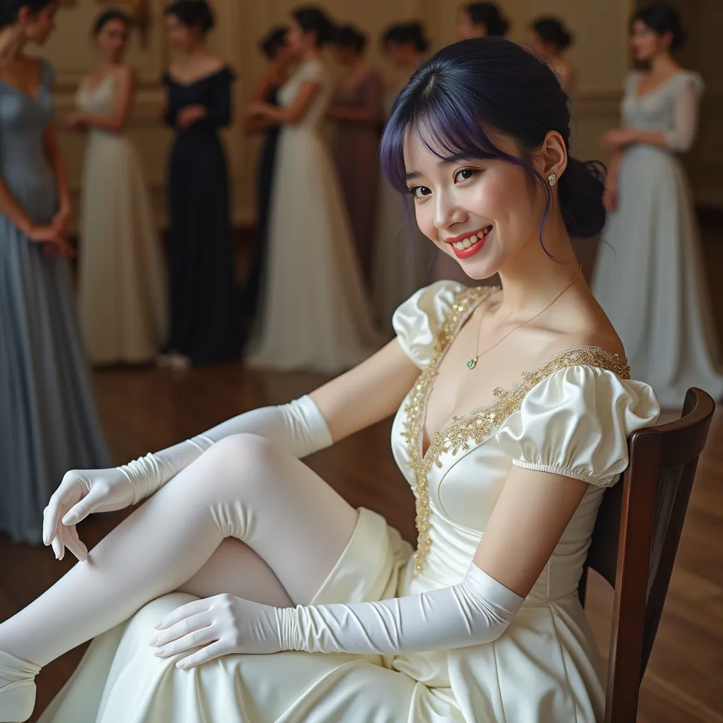 Fern is a beautiful 20-year-old woman with dark blue hair with a purple tint, ti