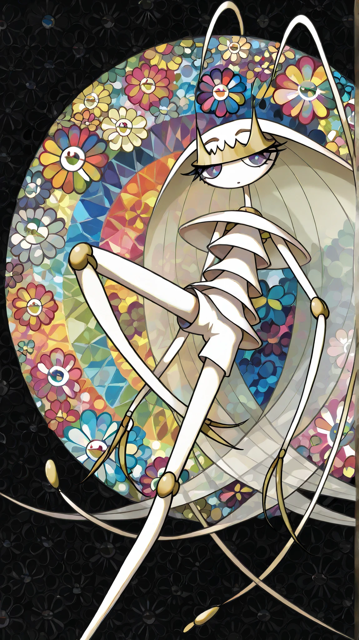 (in style of Takashi Murakami:1.0), beatiful face, feet,best quality,tonemapping, sharp focus, hyper detailed,(pheromosa),best quality,beautiful,pokemon,(2 fingers),(Clear eyes),solo,detaileds,8K,(slender:1.3),wallpaper,jumping kick,(Colorful flowers on black background:1.4）,  (pheromosa:1.0), intricate digital painting, highly intricate and colorful, dark but detailed digital art, Highly detailed symmetry, detailed digital artwork, Symmetrical intricate details, plethora of colors，colorful intricate masterpiece,（kaleidoscopic:1.1）,(Geometric pattern background)、Sticker style,flower painted body


