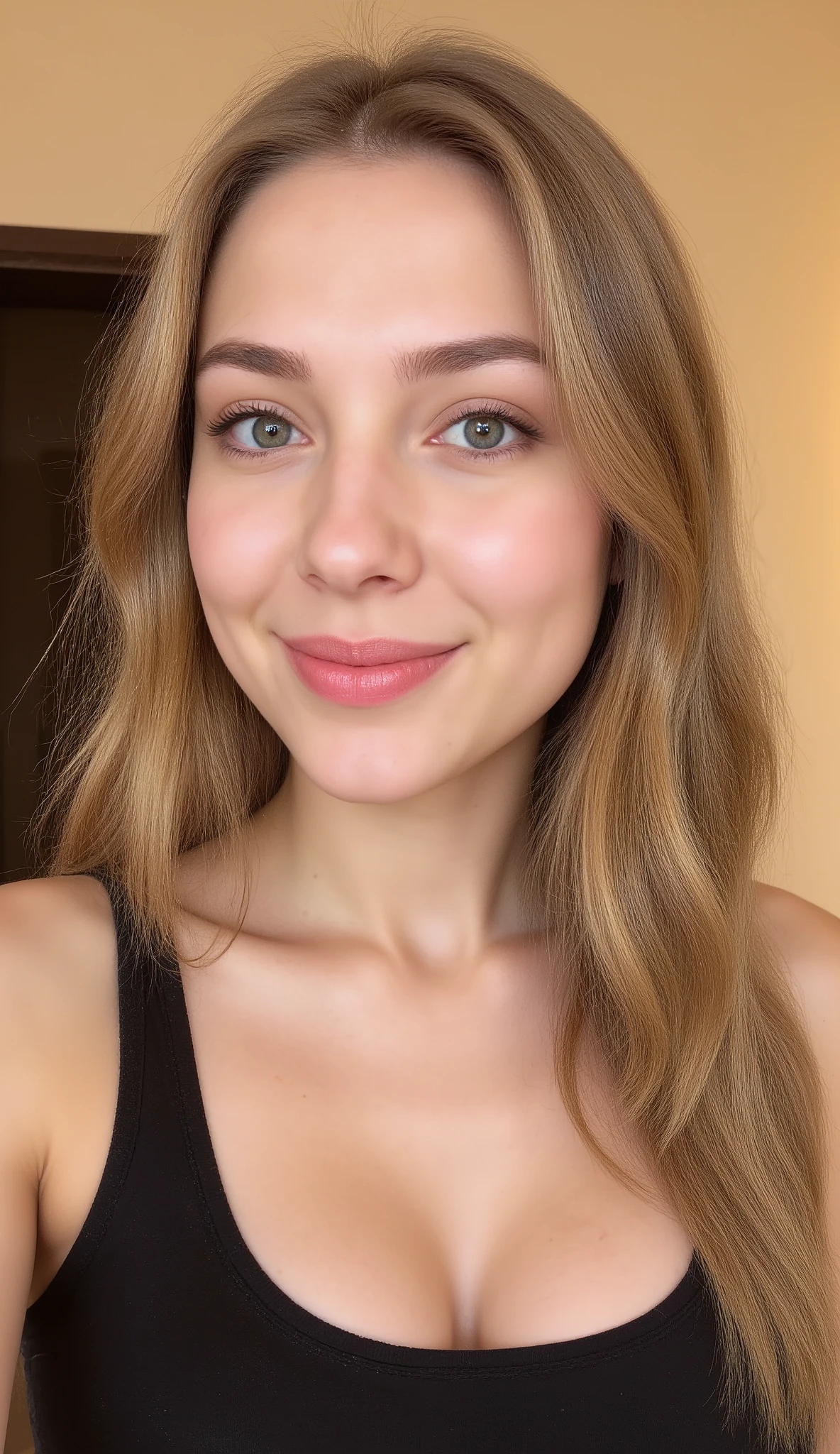 A young adult white Caucasian woman with long brunette hair is captured in a close-up shot, likely a selfie. Her hair is parted and falls to her shoulders. She has a pleasant smile and is looking slightly off-center. She is wearing a black tank top. She has no visible tattoos or accessories.
The background is a softly blurred, warm-toned wall, possibly beige or light brown. To the left, a dark, indistinct shape is visible, perhaps a piece of furniture or a doorway. The lighting appears to be soft and diffused, coming from the front and slightly above, casting gentle shadows under her chin. The artistic style is that of a casual, well-lit photograph with a shallow depth of field, focusing primarily on the subject's face. The mood is relaxed and friendly.
