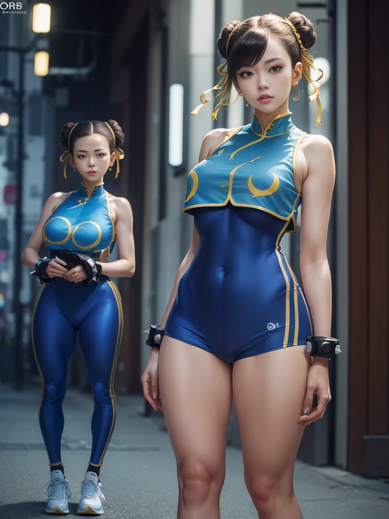 Beautiful girl with great curves , and slim body with thin waist, wide hips, long and shapely legs, perfect asymmetrical and detailed face perfect blue eyes white skin black hair, make-up, black manicure and big heavy breasts exposed in a tiny swimsuit, that barely covers intimate parts , threads and bracelet with spikes ,for fight