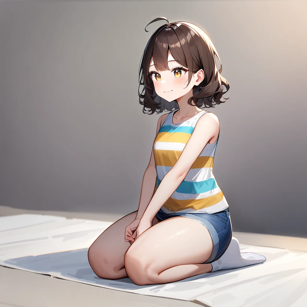 girl sitting bossy in a chair, with a big "minji" sign written in english, golden brown hair, bob cut with a cute bangs, medium chest, hyper realistic super realistic, teen girl, hyper realistic face